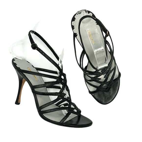 Max Studio Vtg Y2K 2000s Black Leather Artsy Strappy Stiletto Heels - Picture 1 of 9